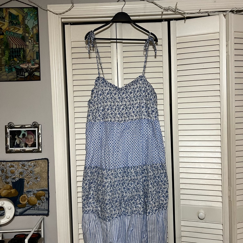 J. Crew Blue and White Tiered Spaghetti Strap Sundress